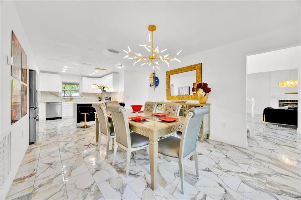 Dining room, Interior, Kitchen, Marble, Pendant Lights, Recessed Lighting