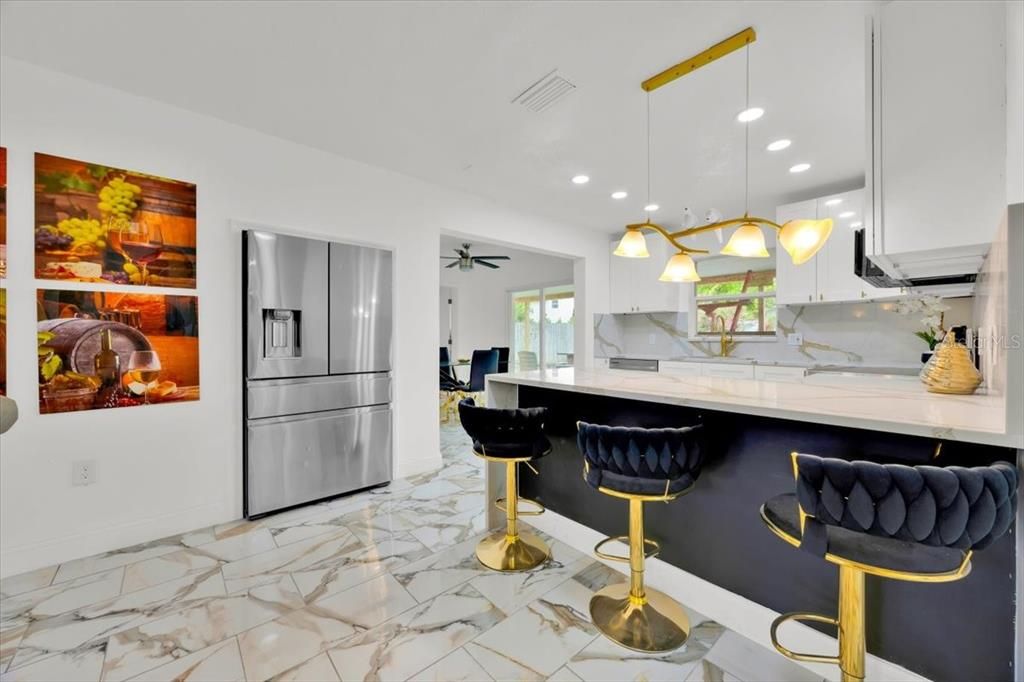 Interior, Kitchen, Marble, Pendant Lights, Recessed Lighting, Stainless Steel Appliances