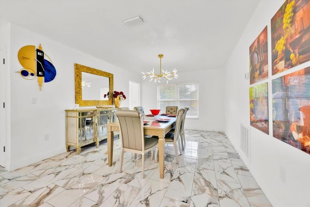 Dining room, Interior, Marble, Pendant Lights