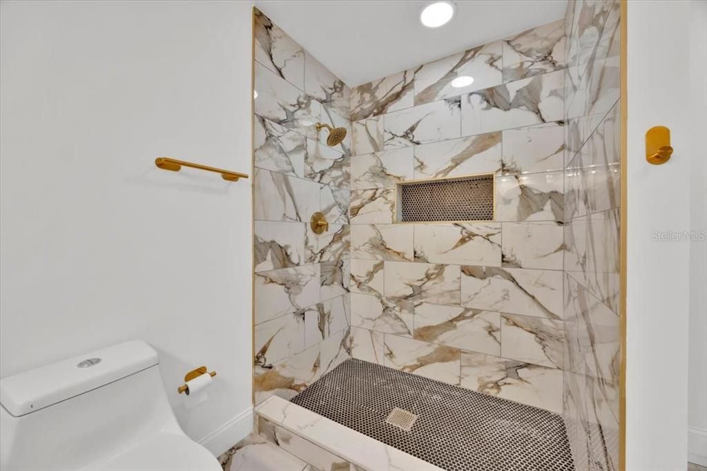 Bathroom, Interior, Marble Walls, Recessed Lighting