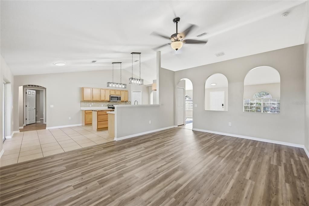 Empty room, Interior, Kitchen, Pendant Lights, Recessed Lighting, Wood Texture Flooring