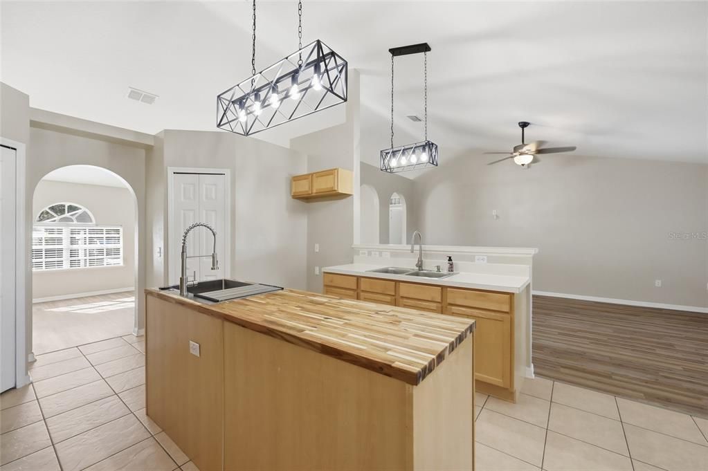 Interior, Kitchen, Pendant Lights, Wood Texture Flooring