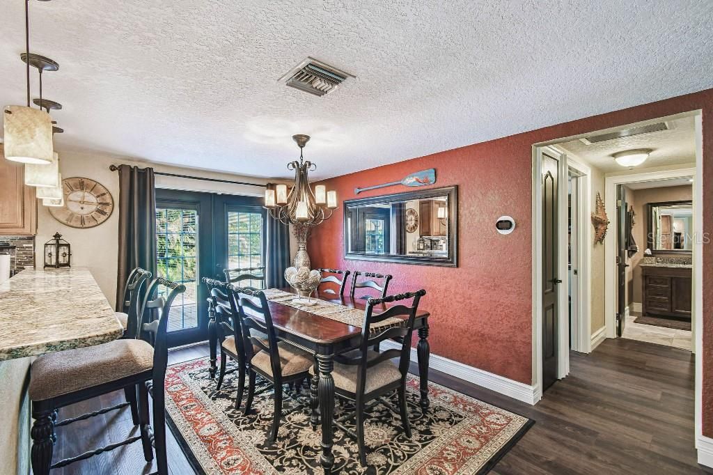Chandelier, Dining room, Interior, Wood Texture Flooring