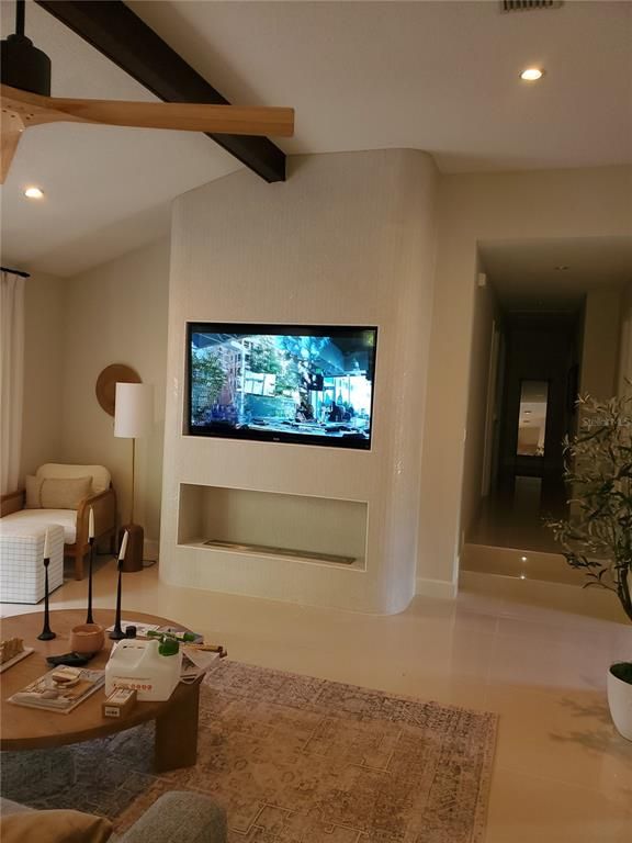 Fireplace, Interior, Living room, Recessed Lighting, Wooden Beams