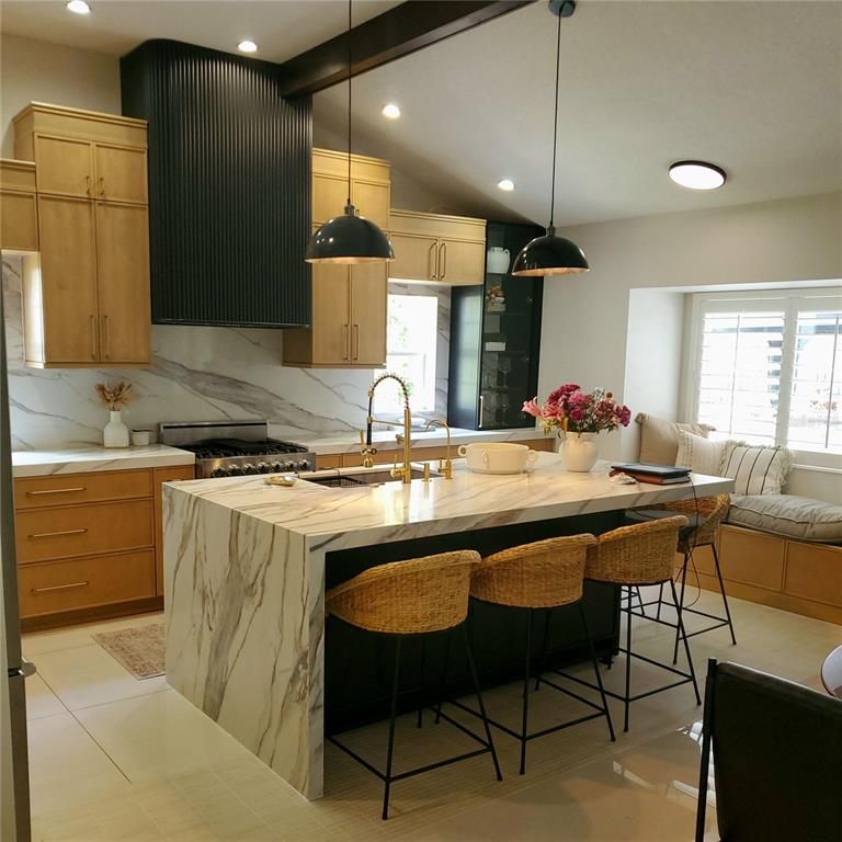 Interior, Kitchen, Marble Walls, Pendant Lights, Recessed Lighting, Stainless Steel Appliances