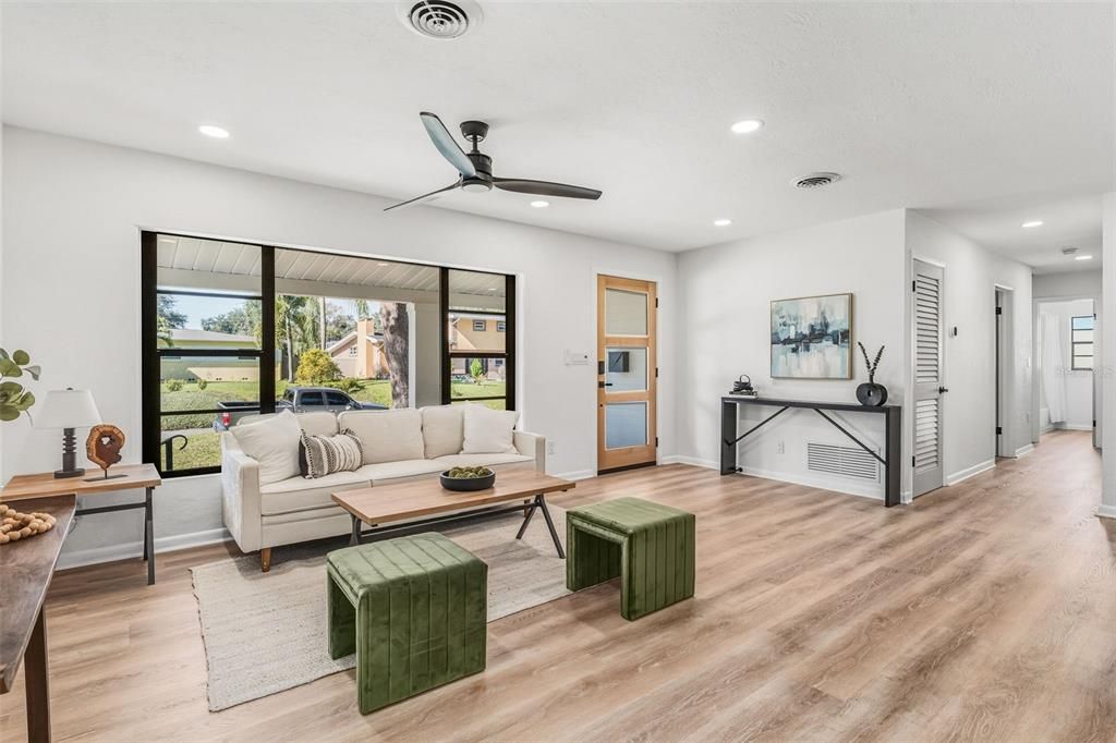 Interior, Living room, Recessed Lighting, Wood Texture Flooring