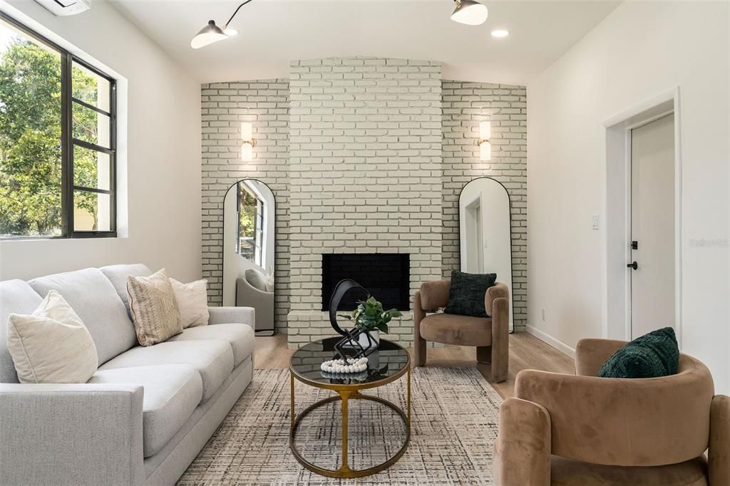 Fireplace, Interior, Living room, Recessed Lighting, Stone Walls, Wood Texture Flooring