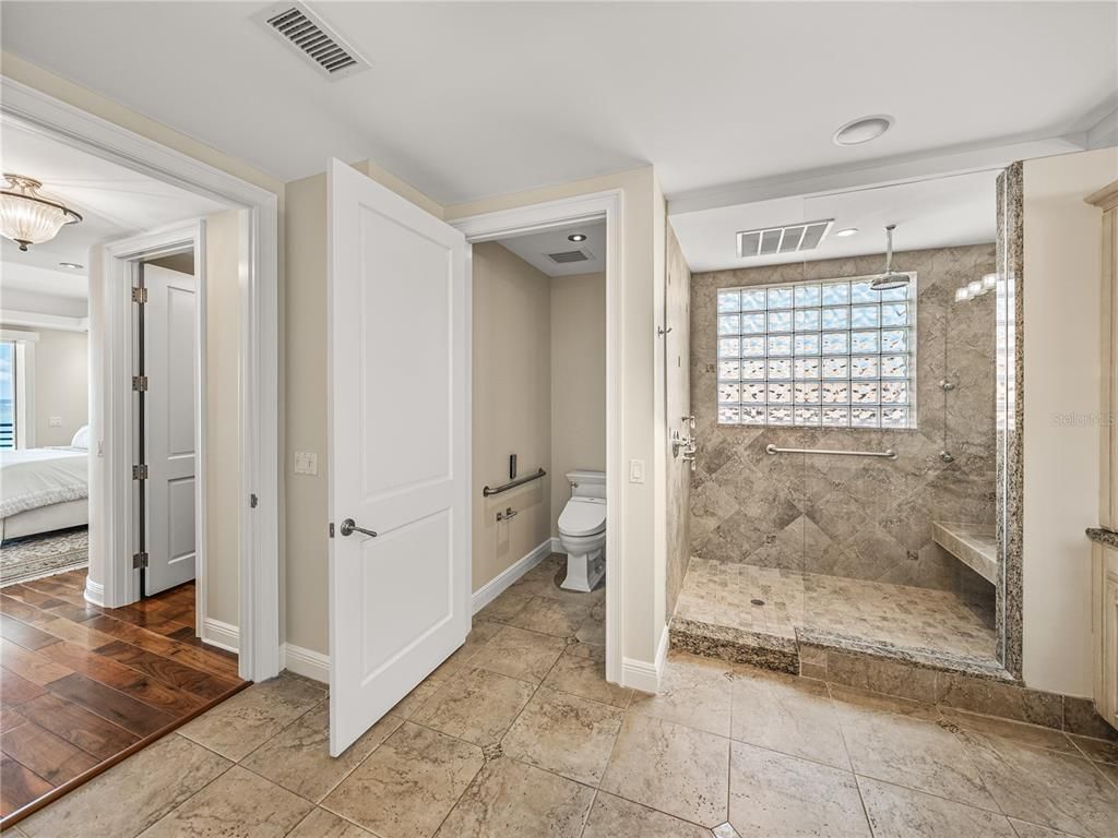 Bathroom, Bedroom, Glass Shower, Interior, Recessed Lighting, Wood Texture Flooring