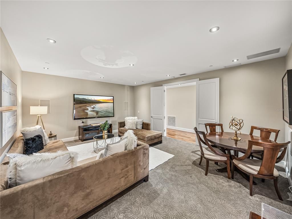 Dining room, Interior, Living room, Recessed Lighting, Wood Texture Flooring