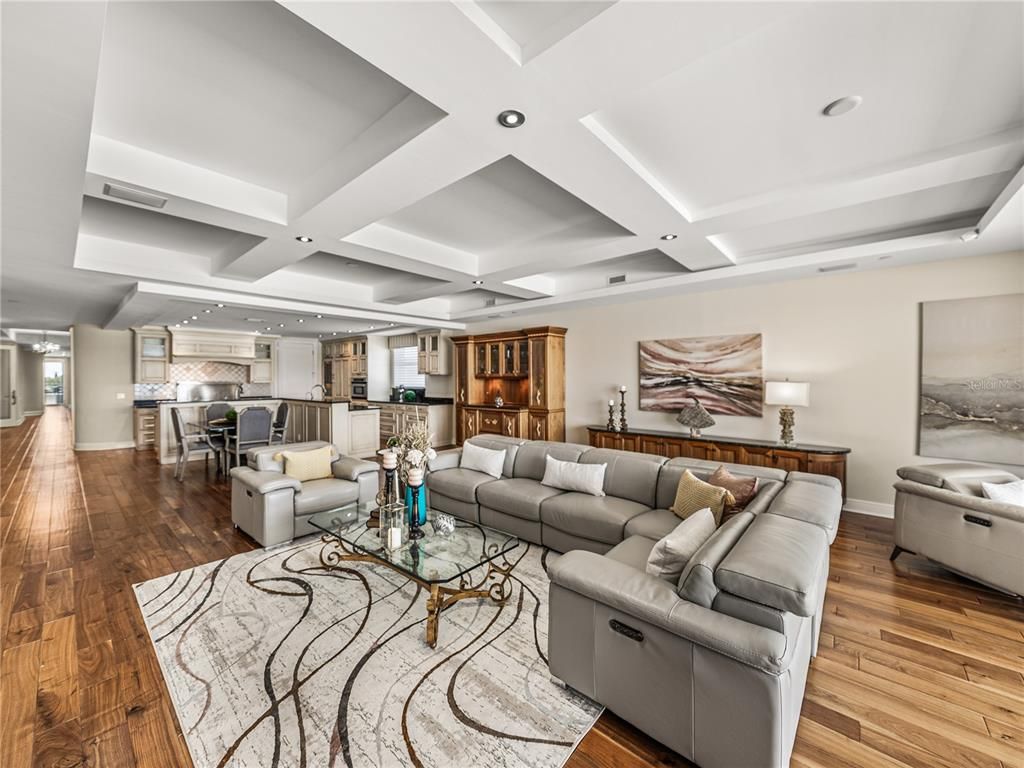 Dining room, Interior, Kitchen, Living room, Recessed Lighting, Stainless Steel Appliances, Wood Texture Flooring