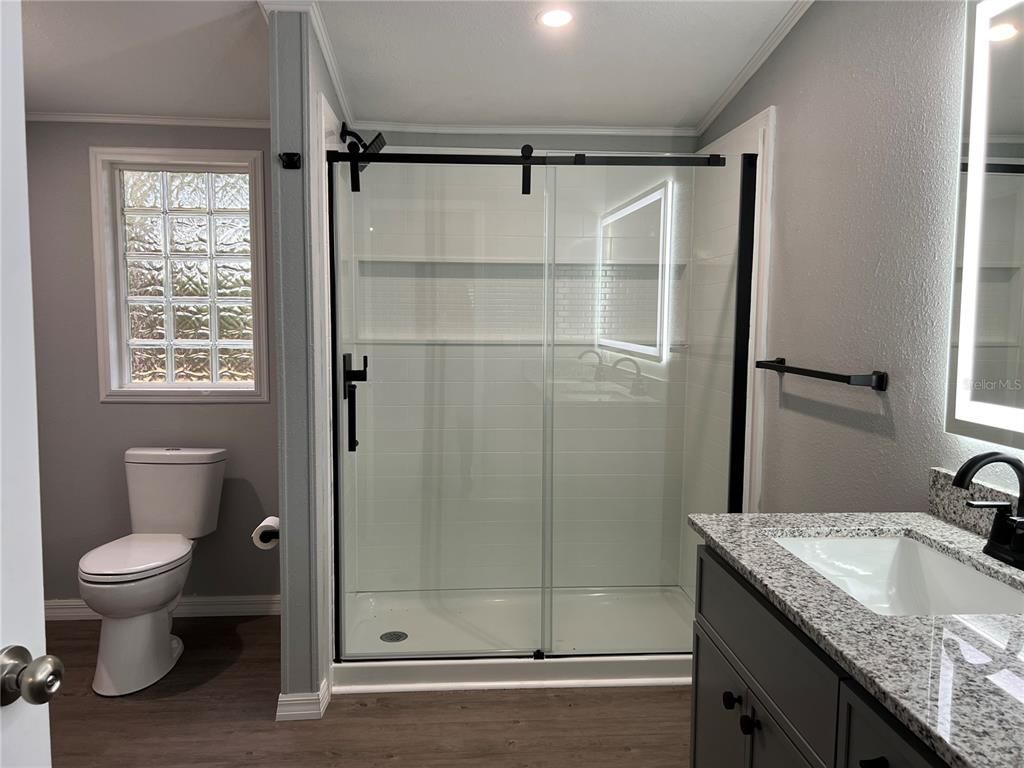 Bathroom, Glass Shower, Interior, Recessed Lighting, Wood Texture Flooring