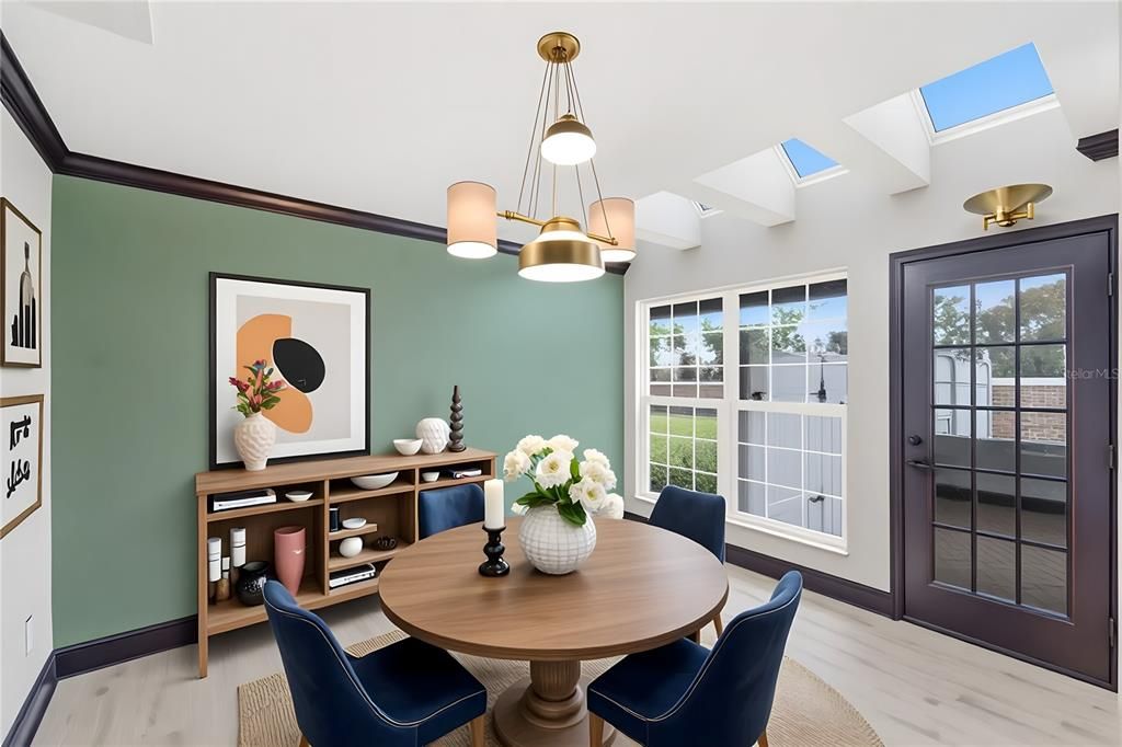 Dining room, Interior, Pendant Lights, Wood Texture Flooring