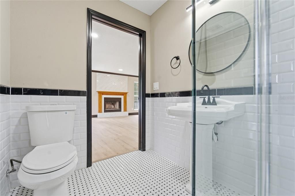 Bathroom, Glass Shower, Interior, Wood Texture Flooring