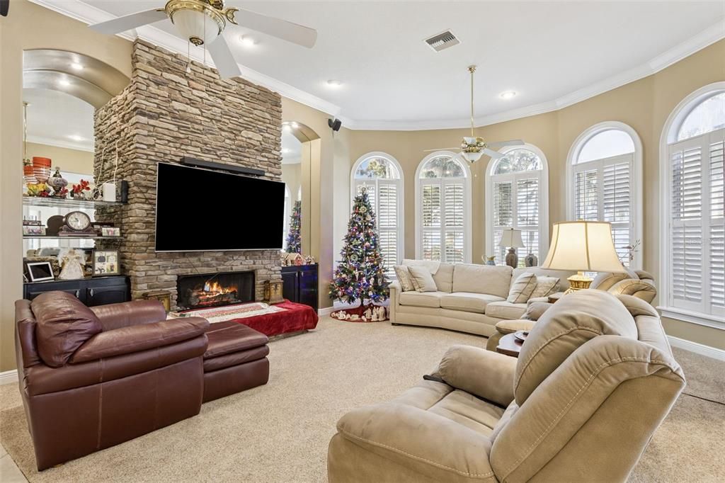 Fireplace, Interior, Living room, Recessed Lighting, Stone Walls