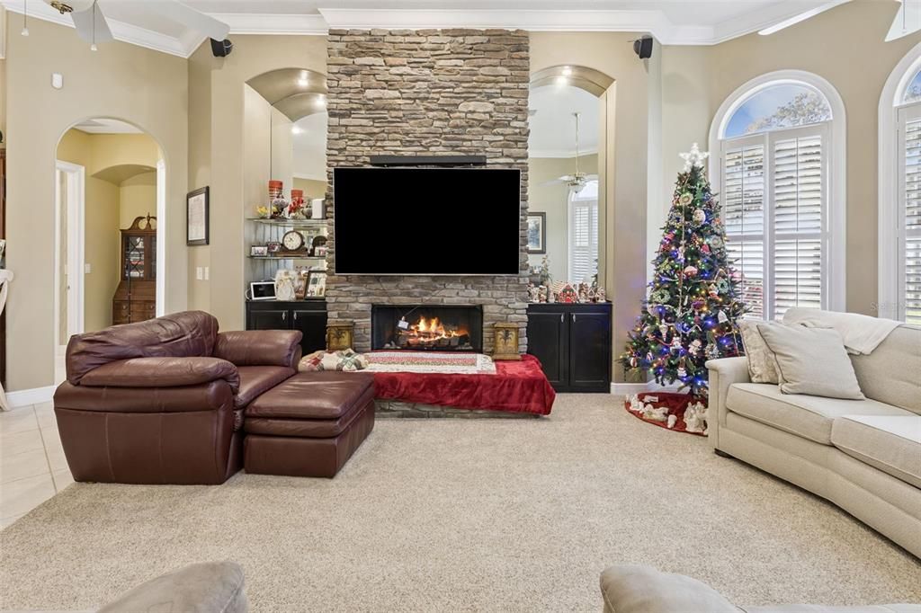 Fireplace, Interior, Living room, Pendant Lights, Stone Walls