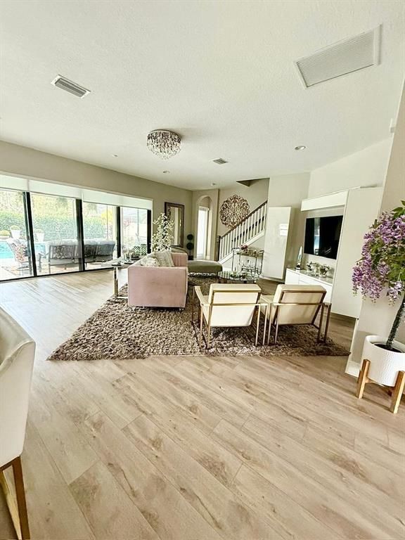 Chandelier, Interior, Living room, Recessed Lighting, Wood Texture Flooring