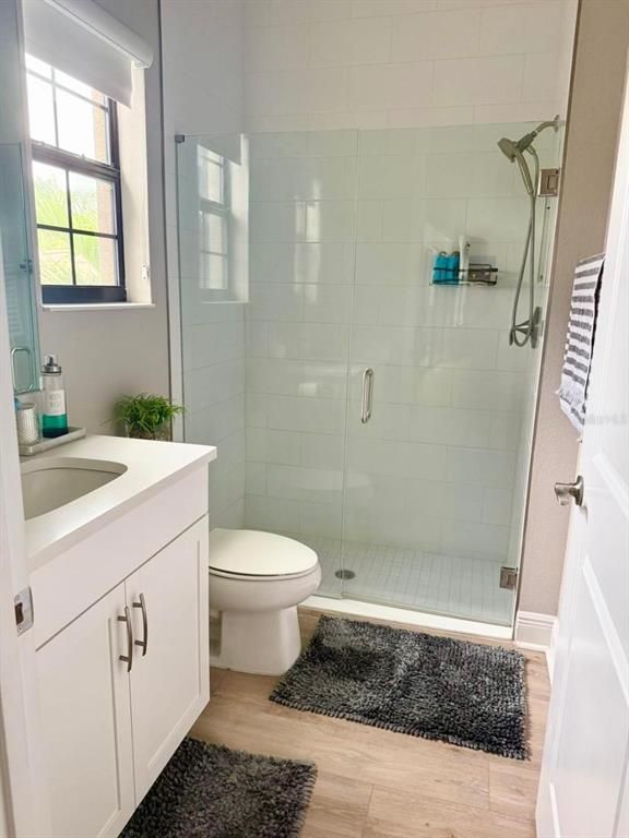 Bathroom, Glass Shower, Interior, Wood Texture Flooring