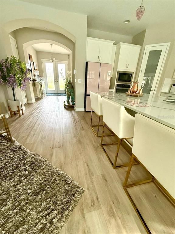 Chandelier, Interior, Kitchen, Recessed Lighting, Wood Texture Flooring