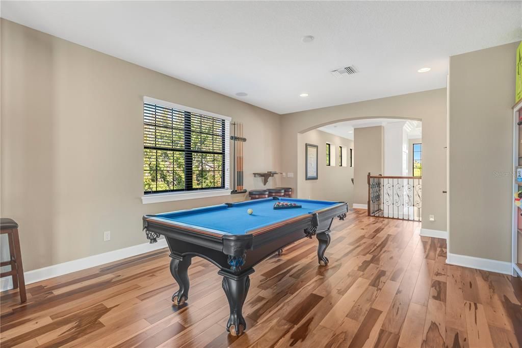 Billiard Table, Game Room, Interior, Recessed Lighting, Wood Texture Flooring