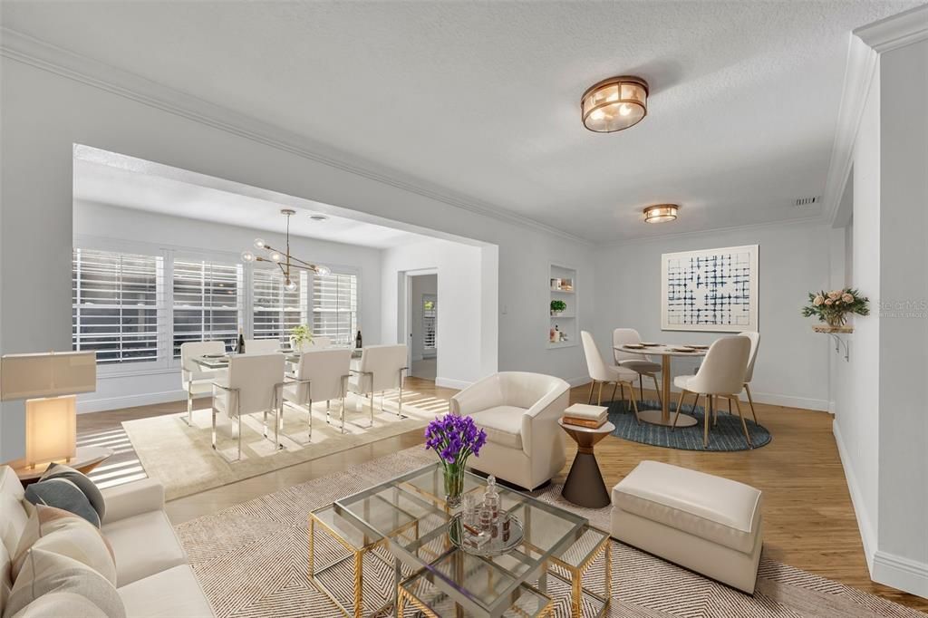 Dining room, Interior, Living room, Pendant Lights, Wood Texture Flooring