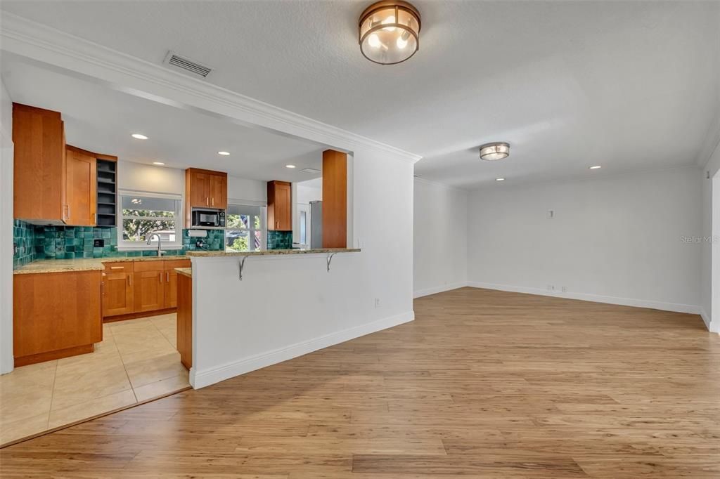Interior, Kitchen, Recessed Lighting, Wood Texture Flooring