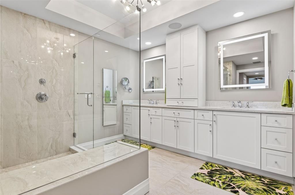 Bathroom, Dual Sink Vanities, Glass Shower, Interior, Marble Walls, Recessed Lighting