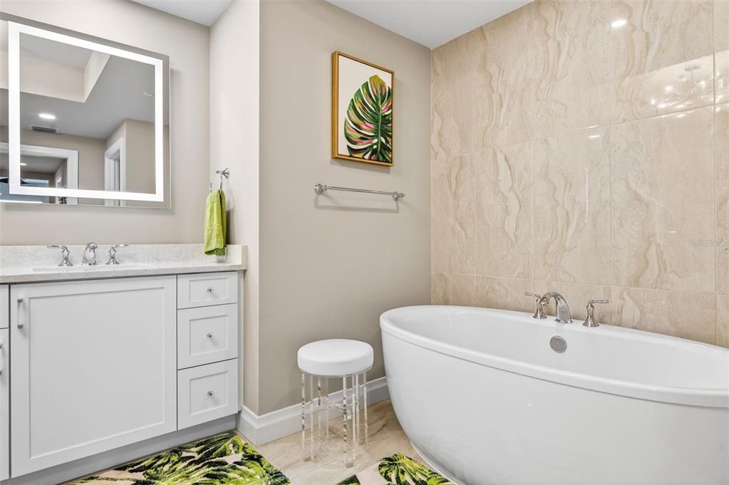 Bathroom, Free Standing Baths, Interior, Marble, Marble Walls, Recessed Lighting