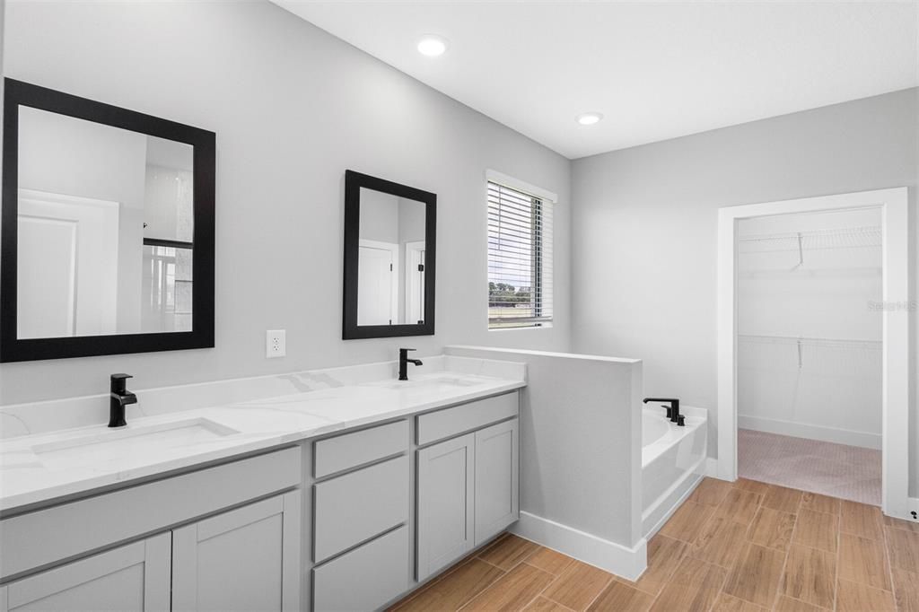 Bathroom, Dual Sink Vanities, Interior, Recessed Lighting, Wood Texture Flooring