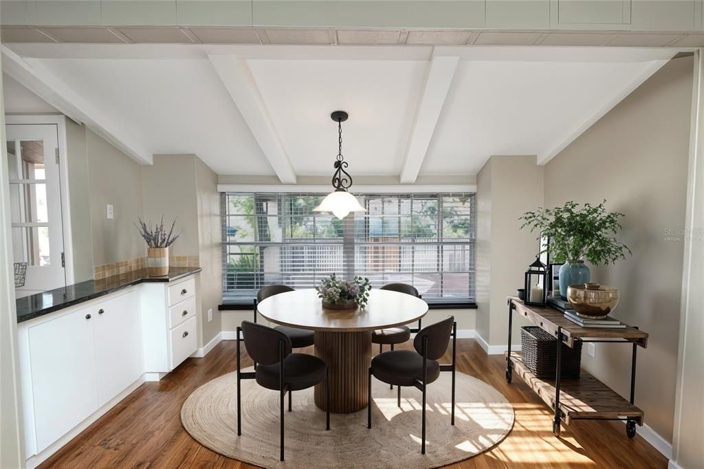 Dining room, Interior, Pendant Lights, Wood Texture Flooring