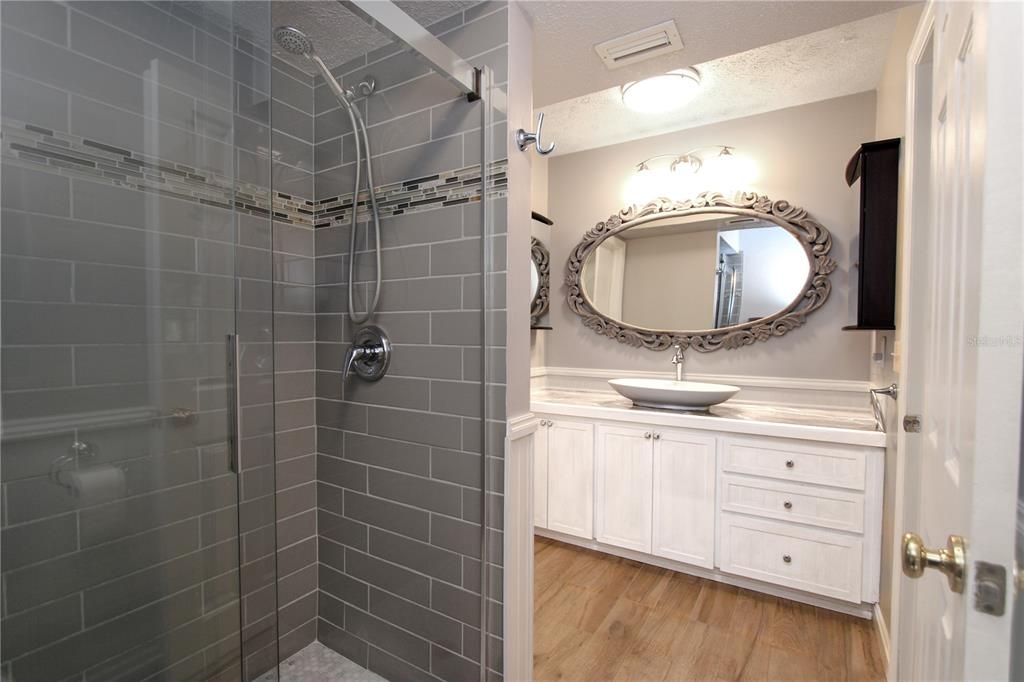 Bathroom, Glass Shower, Interior, Wood Texture Flooring