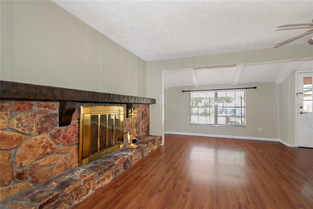 Empty room, Fireplace, Interior, Stone Walls, Wood Texture Flooring