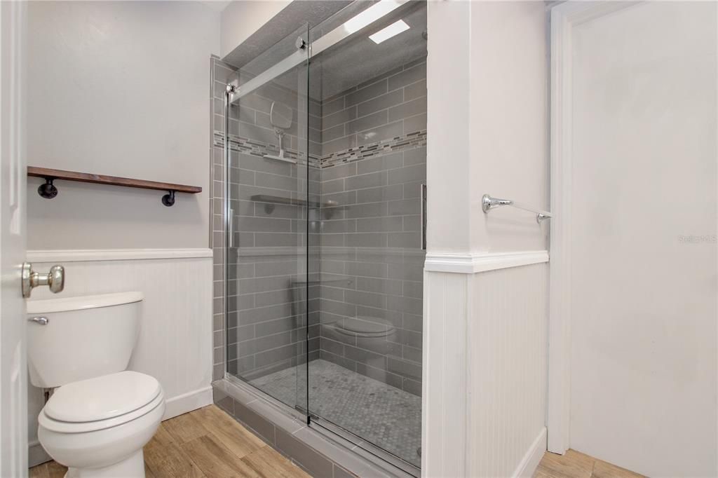 Bathroom, Glass Shower, Interior, Wood Texture Flooring