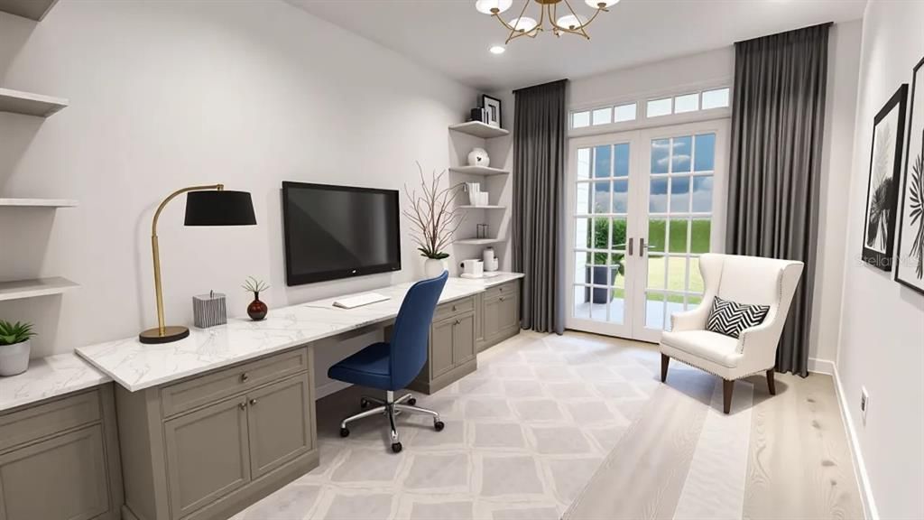 Chandelier, Home Office, Interior, Recessed Lighting