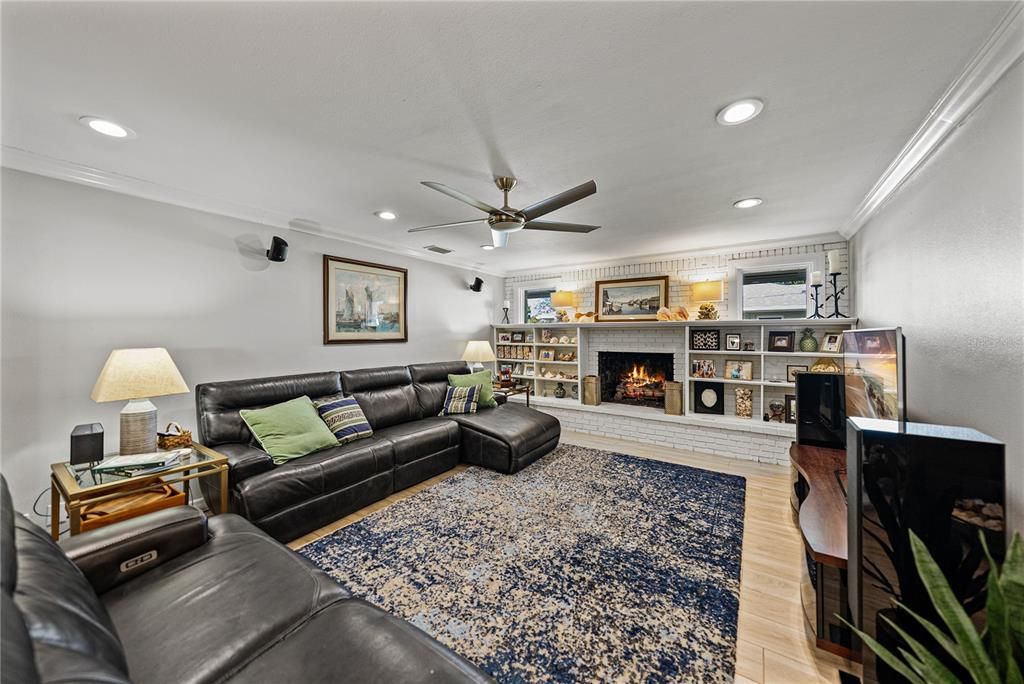 Fireplace, Interior, Living room, Recessed Lighting, Wood Texture Flooring