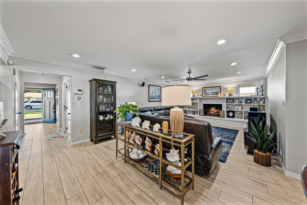 Fireplace, Interior, Living room, Recessed Lighting, Wood Texture Flooring