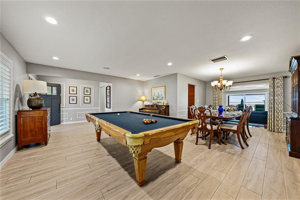 Billiard Table, Chandelier, Dining room, Game Room, Interior, Recessed Lighting, Wood Texture Flooring