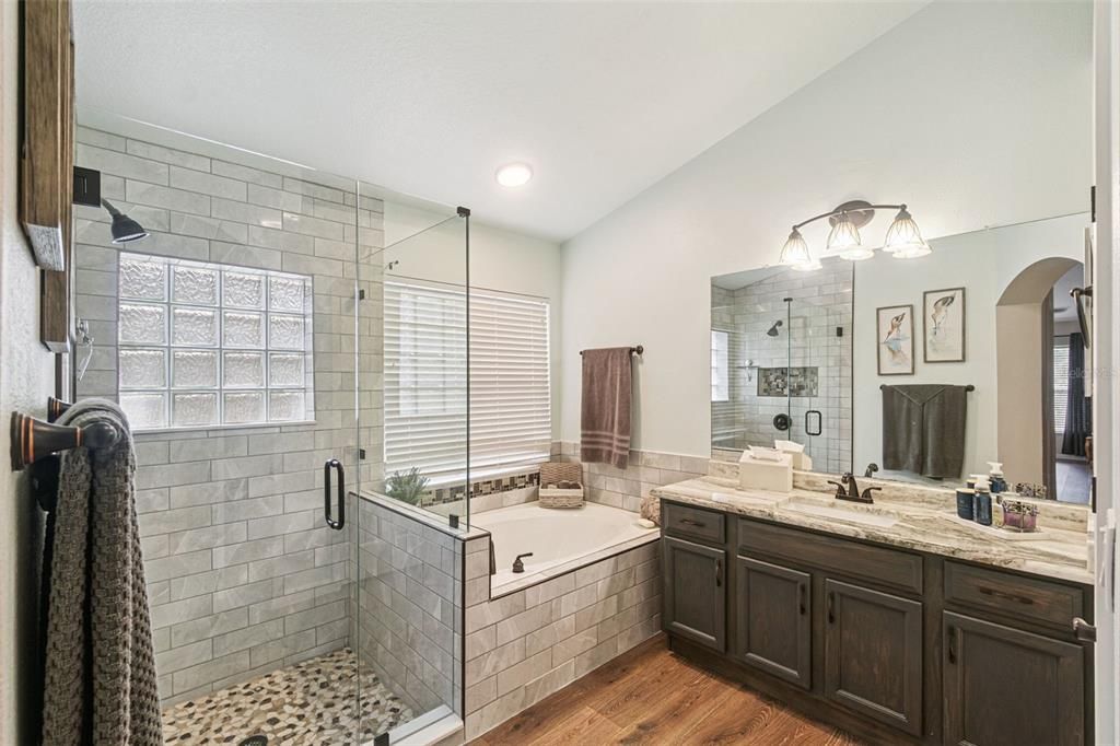 Bathroom, Glass Shower, Interior, Recessed Lighting, Wood Texture Flooring