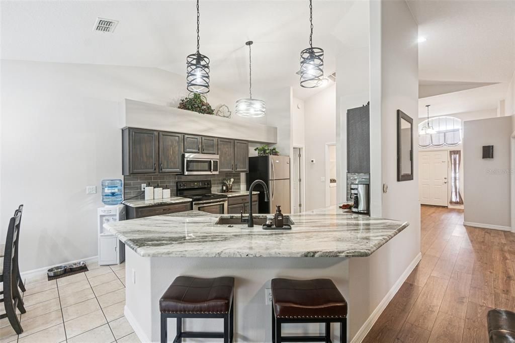 Interior, Kitchen, Pendant Lights, Recessed Lighting, Stainless Steel Appliances, Wood Texture Flooring