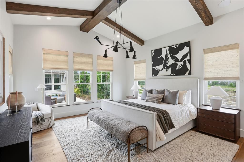 Bedroom, Interior, Pendant Lights, Recessed Lighting, Wooden Beams, Wood Texture Flooring