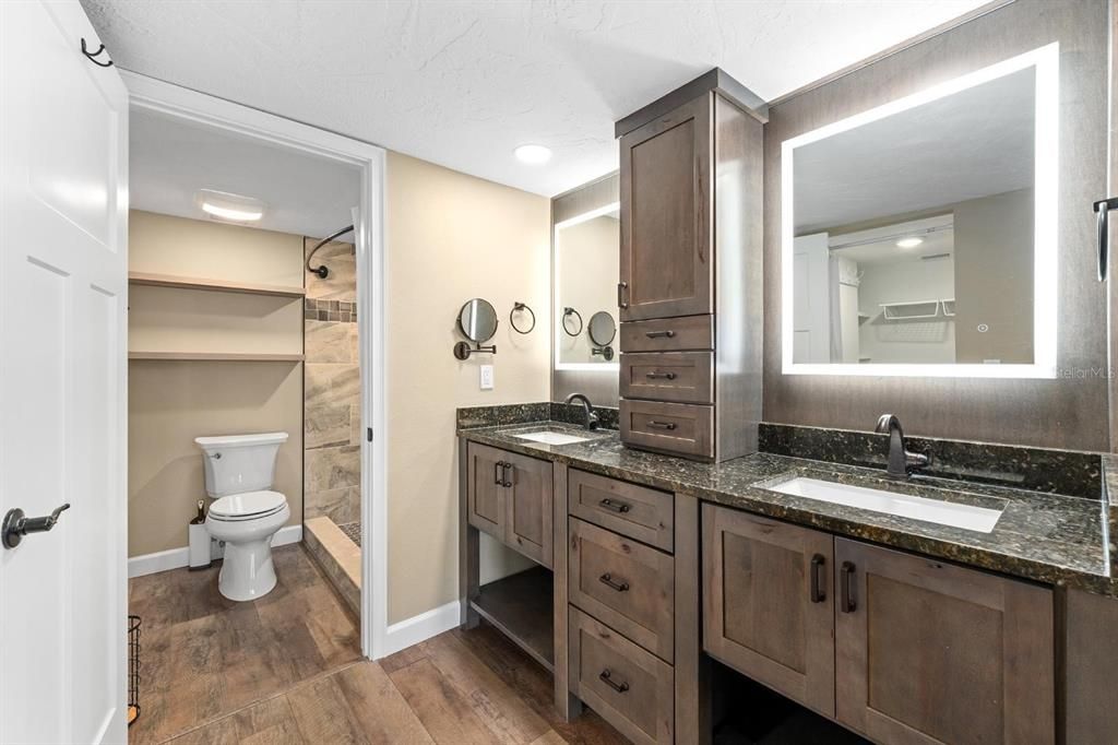 Bathroom, Dual Sink Vanities, Interior, Recessed Lighting, Wood Texture Flooring