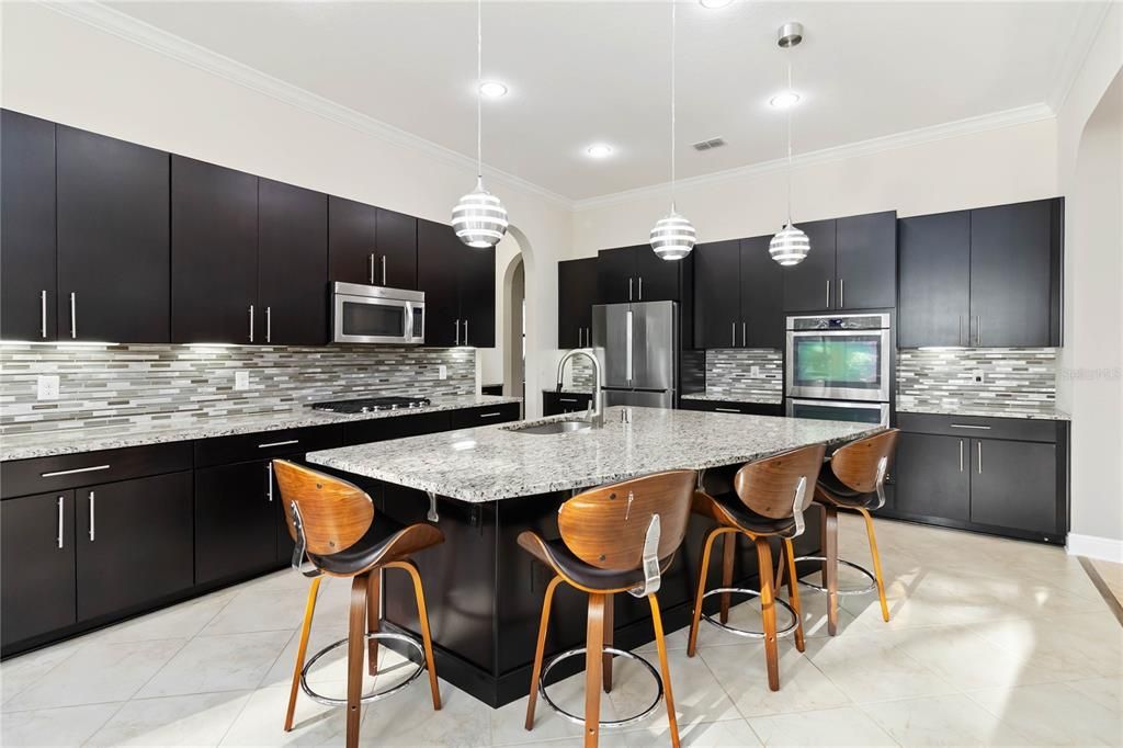 Interior, Kitchen, Marble, Pendant Lights, Recessed Lighting, Stainless Steel Appliances