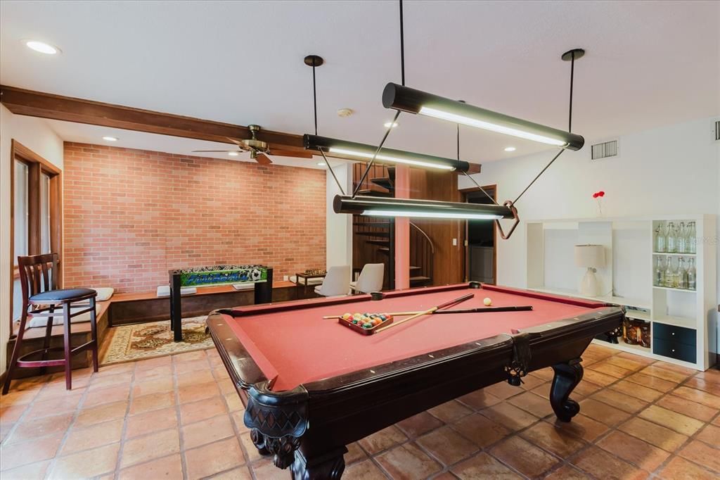 Billiard Table, Game Room, Interior, Pendant Lights, Recessed Lighting, Stone Walls