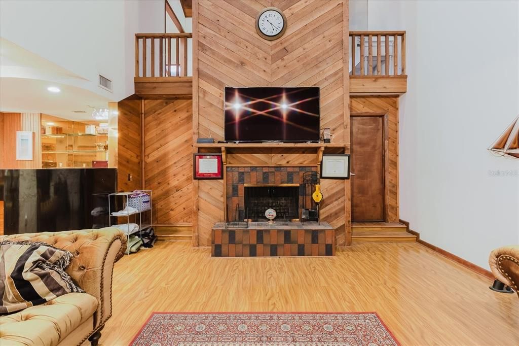 Fireplace, Interior, Living room, Recessed Lighting, Wooden Ceilings, Wood Texture Flooring, Wooden Walls