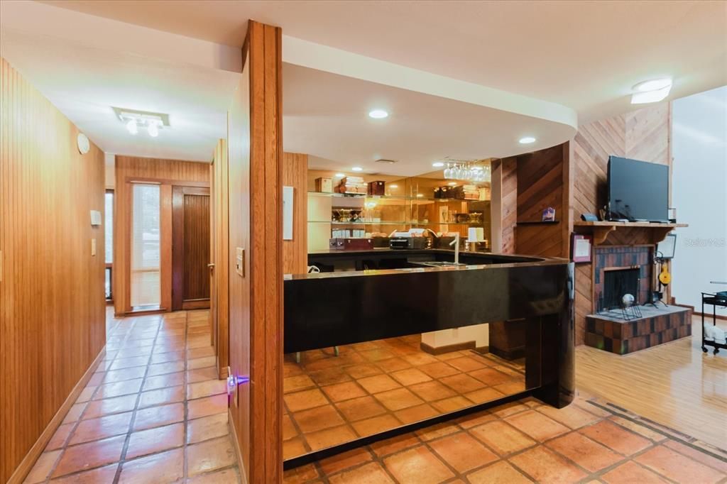 Fireplace, Interior, Kitchen, Recessed Lighting, Wooden Walls