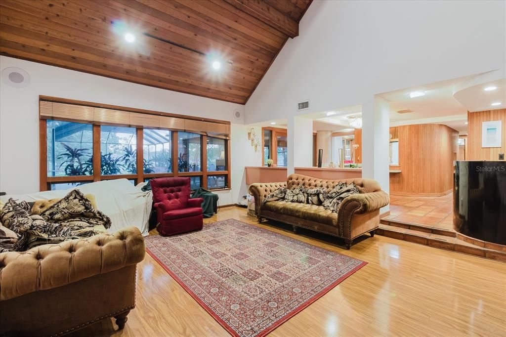 Interior, Living room, Recessed Lighting, Wooden Ceilings, Wood Texture Flooring