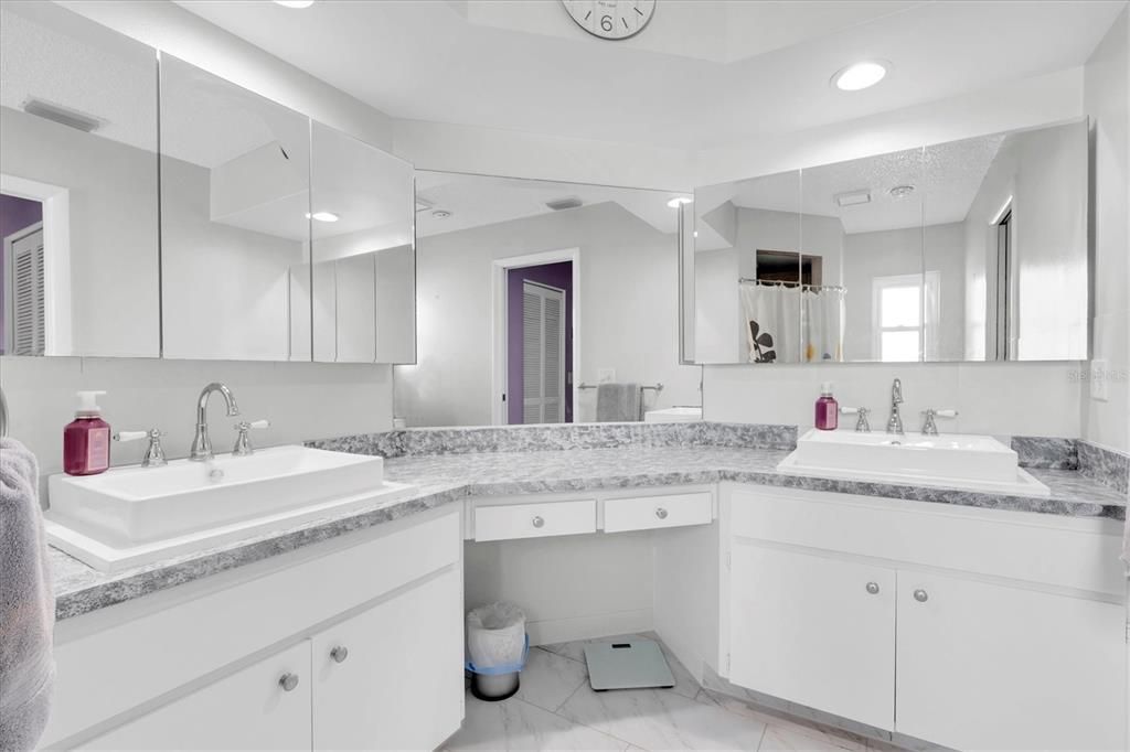 Bathroom, Dual Sink Vanities, Interior, Marble, Recessed Lighting