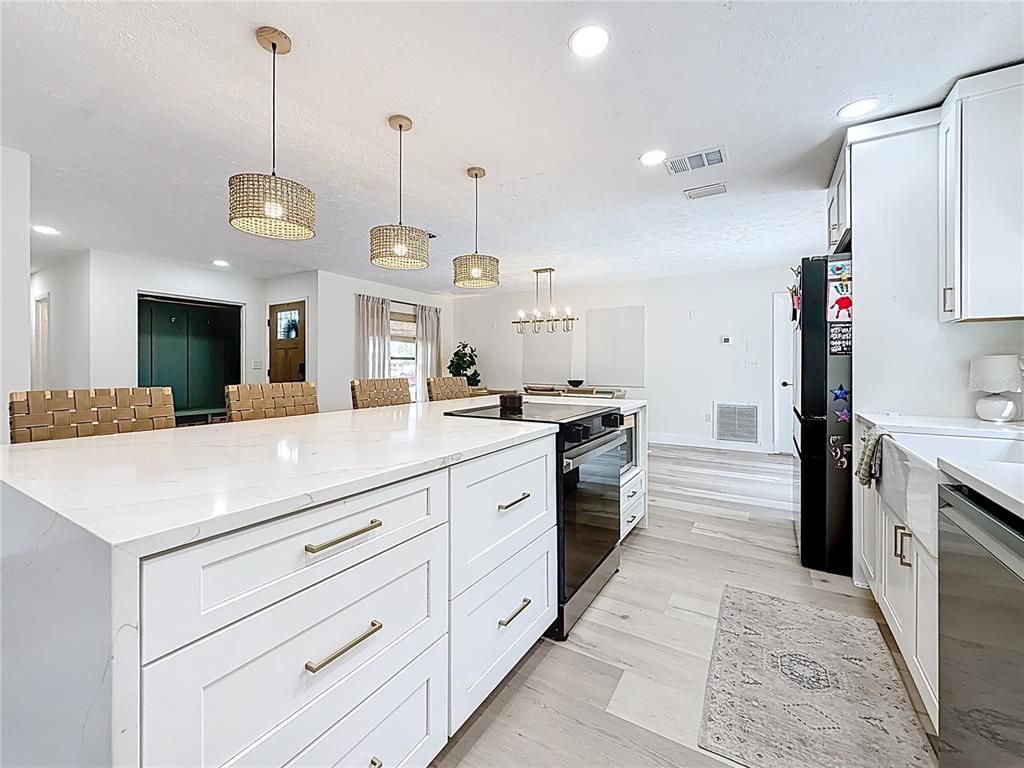 Chandelier, Interior, Kitchen, Pendant Lights, Recessed Lighting, Wood Texture Flooring