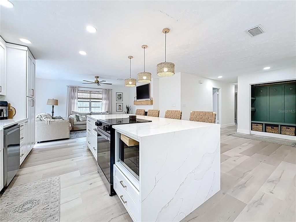 Interior, Kitchen, Living room, Pendant Lights, Recessed Lighting, Stainless Steel Appliances, Wood Texture Flooring