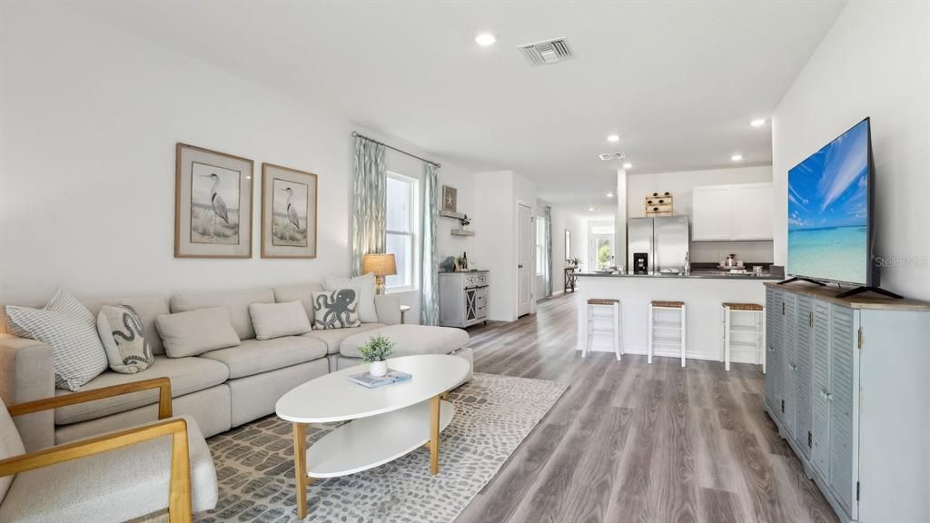 Interior, Kitchen, Living room, Recessed Lighting, Stainless Steel Appliances, Wood Texture Flooring