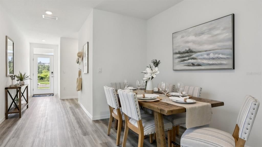Dining room, Interior, Recessed Lighting, Wood Texture Flooring